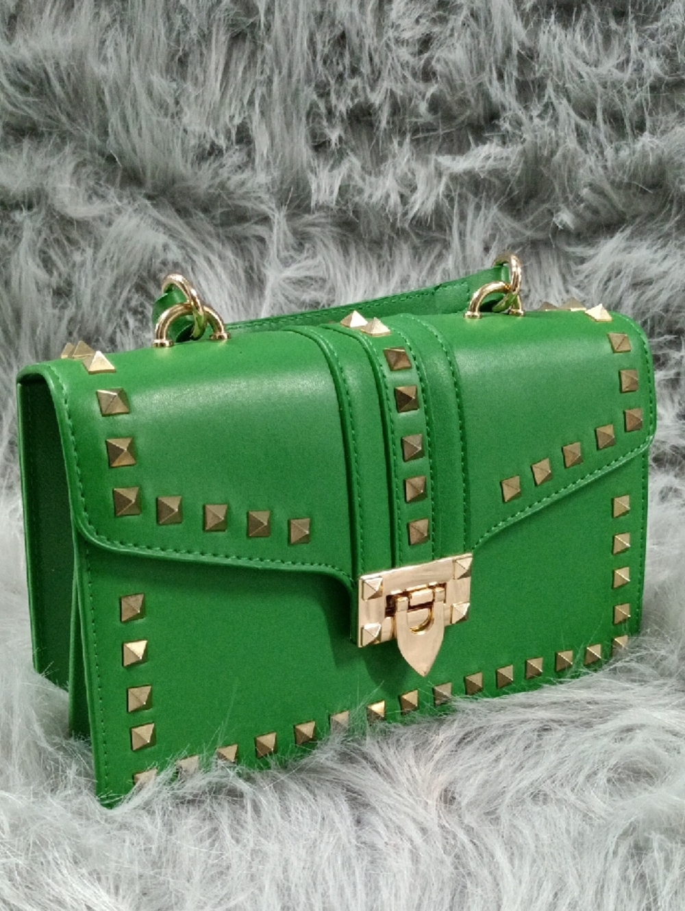 Green Faux Leather Gold Studded Envelope Clasp Handle  Crossbody Handbag